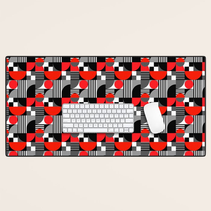 Mid Century Modern Geometric Shapes and Stripes No. 2 Red, Gray, Black Desk Mat Gallery Image 1