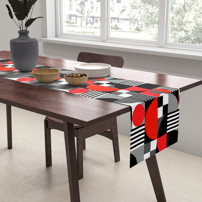 Mid Century Modern Geometric Shapes and Stripes No. 2 Red, Gray, Black Table Runner Gallery Image 2