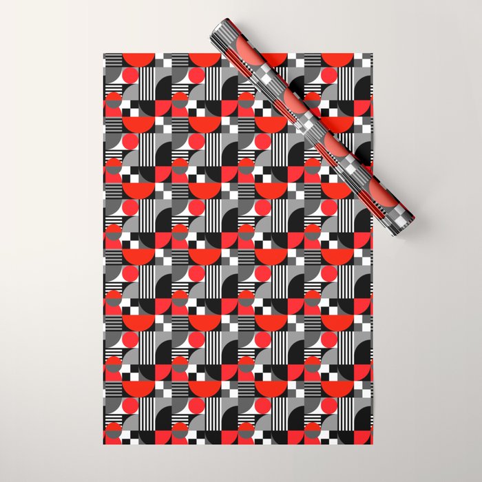Mid Century Modern Geometric Shapes and Stripes No. 2 Red, Gray, Black Wrapping Paper Gallery Image 1