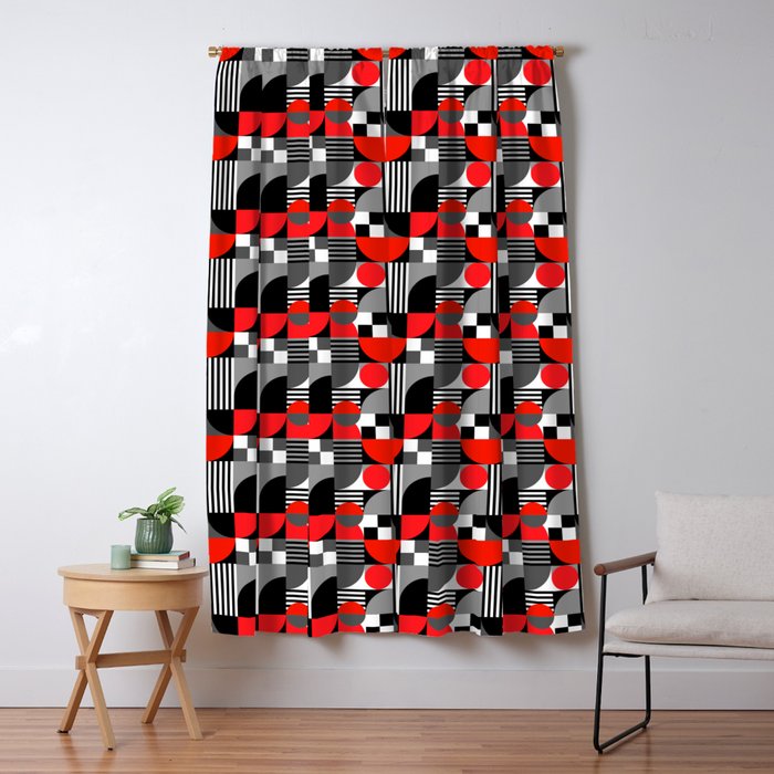 Mid Century Modern Geometric Shapes and Stripes No. 2 Red, Gray, Black Window Curtain Gallery Image 5