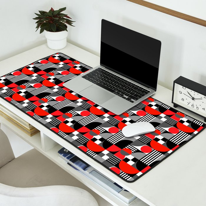Mid Century Modern Geometric Shapes and Stripes No. 2 Red, Gray, Black Desk Mat Gallery Image 2