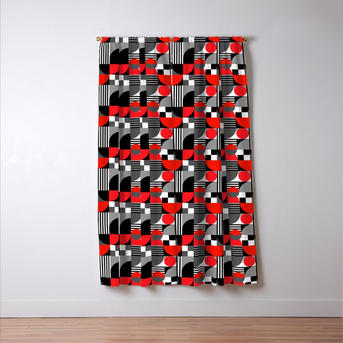 Mid Century Modern Geometric Shapes and Stripes No. 2 Red, Gray, Black Window Curtain Gallery Image 3