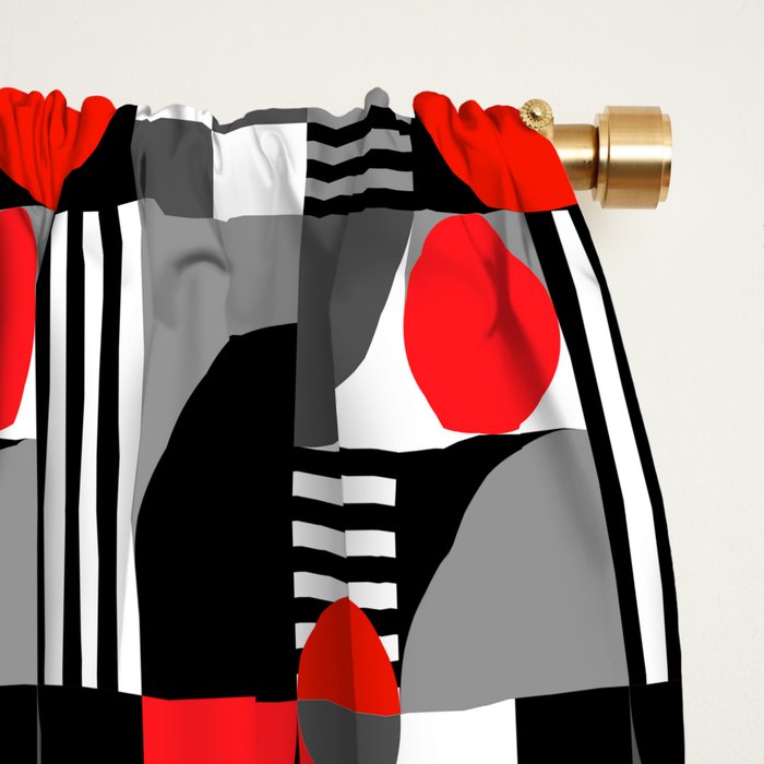 Mid Century Modern Geometric Shapes and Stripes No. 2 Red, Gray, Black Window Curtain Gallery Image 2