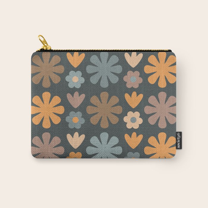 Scandi Floral Grid Retro Flower Pattern Slate Blue Orange Brown Carry All Pouch Gallery Image 1