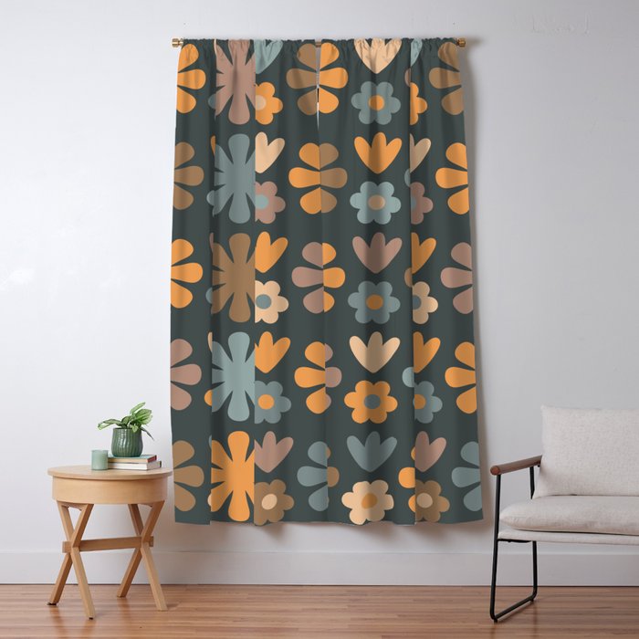 Scandi Floral Grid Retro Flower Pattern Slate Blue Orange Brown Window Curtain Gallery Image 5