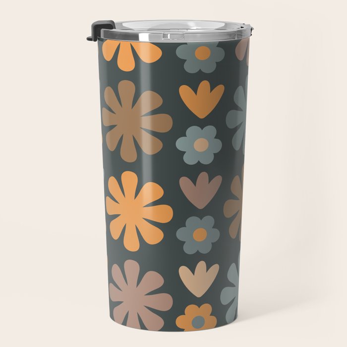 Scandi Floral Grid Retro Flower Pattern Slate Blue Orange Brown Travel Mug Gallery Image 3
