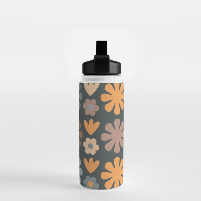 Scandi Floral Grid Retro Flower Pattern Slate Blue Orange Brown Water Bottle Gallery Image 2