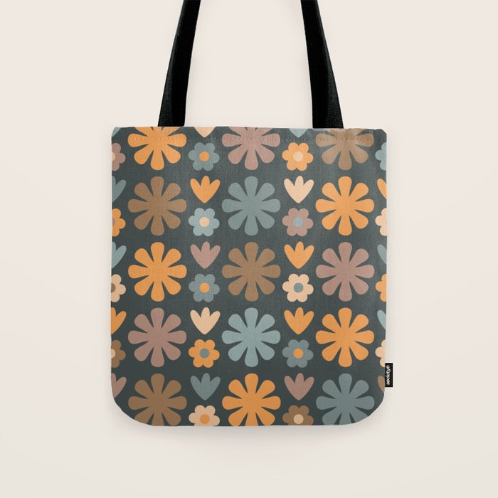 Scandi Floral Grid Retro Flower Pattern Slate Blue Orange Brown Tote Bag Gallery Image 1