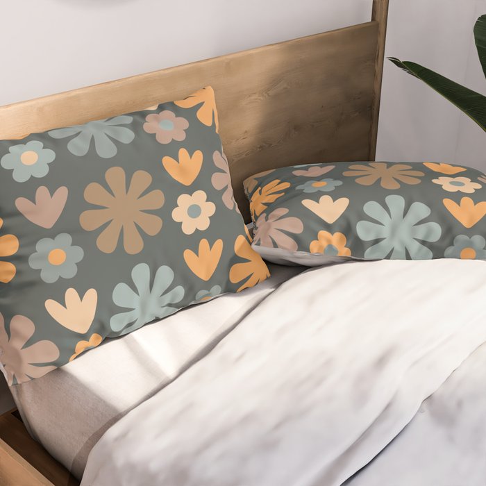 Scandi Floral Grid Retro Flower Pattern Slate Blue Orange Brown Pillow Sham Gallery Image 2