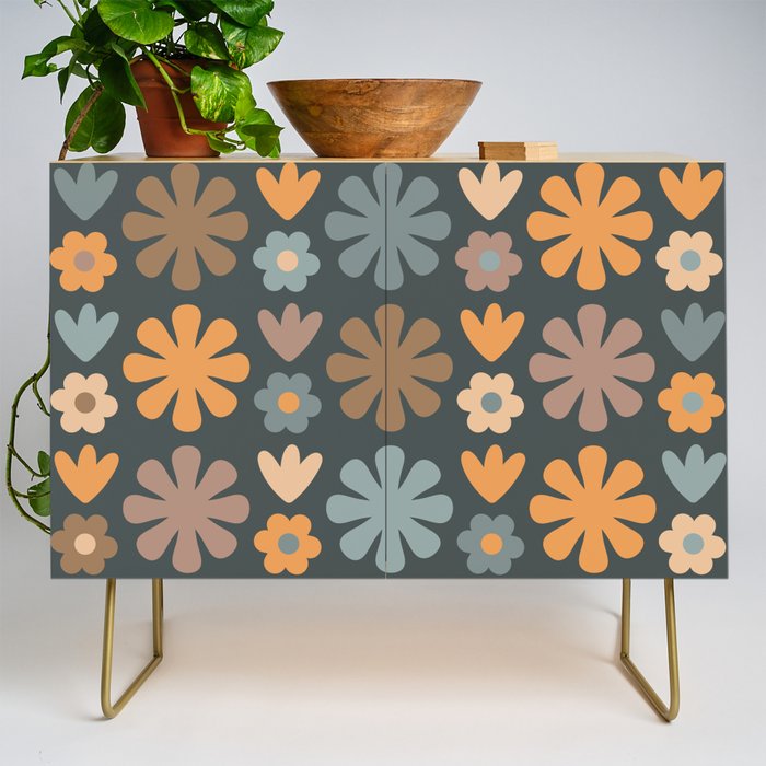 Scandi Floral Grid Retro Flower Pattern Slate Blue Orange Brown Credenza Gallery Image 1