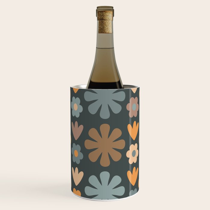 Scandi Floral Grid Retro Flower Pattern Slate Blue Orange Brown Wine Chiller Gallery Image 1