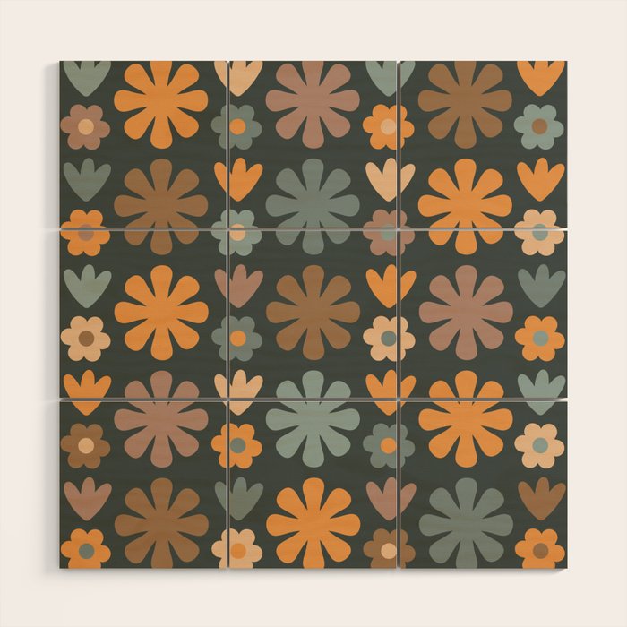 Scandi Floral Grid Retro Flower Pattern Slate Blue Orange Brown Wood Wall Art Gallery Image 1