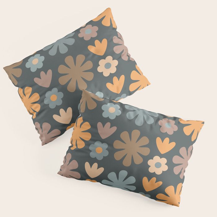 Scandi Floral Grid Retro Flower Pattern Slate Blue Orange Brown Pillow Sham Gallery Image 3