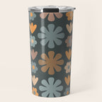 Scandi Floral Grid Retro Flower Pattern Slate Blue Orange Brown Travel Mug Gallery Image 1