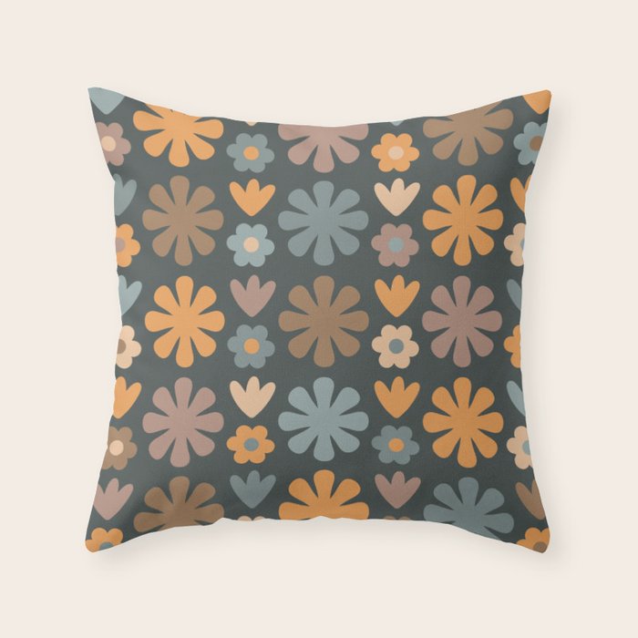 Scandi Floral Grid Retro Flower Pattern Slate Blue Orange Brown Throw Pillow Gallery Image 1