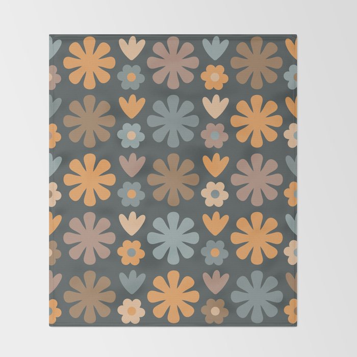 Scandi Floral Grid Retro Flower Pattern Slate Blue Orange Brown Throw Blanket Gallery Image 2