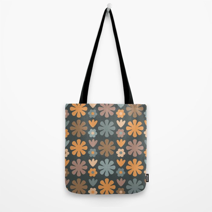 Scandi Floral Grid Retro Flower Pattern Slate Blue Orange Brown Tote Bag Gallery Image 2
