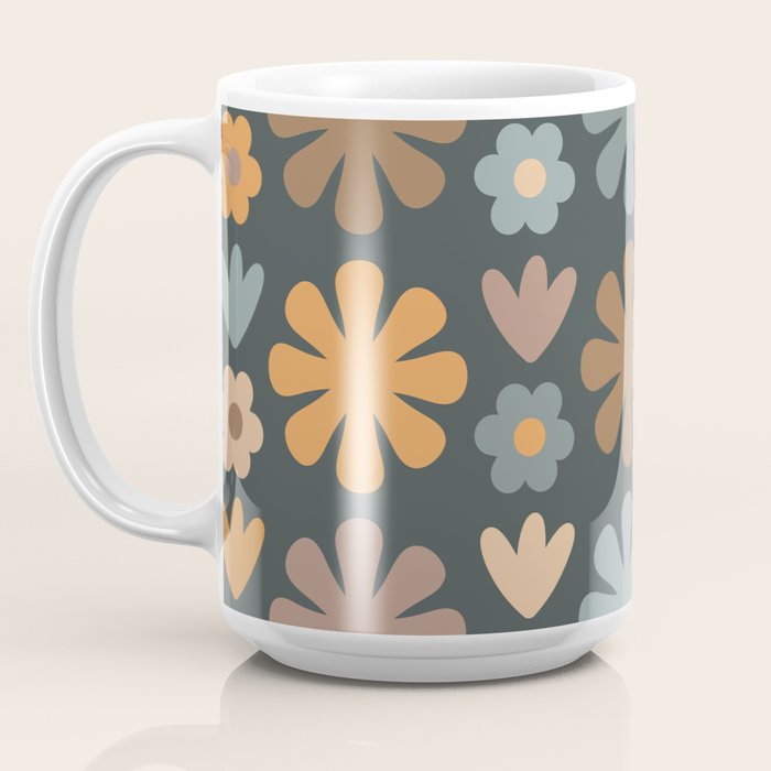 Scandi Floral Grid Retro Flower Pattern Slate Blue Orange Brown Coffee Mug Gallery Image 3
