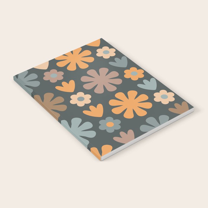 Scandi Floral Grid Retro Flower Pattern Slate Blue Orange Brown Notebook Gallery Image 2