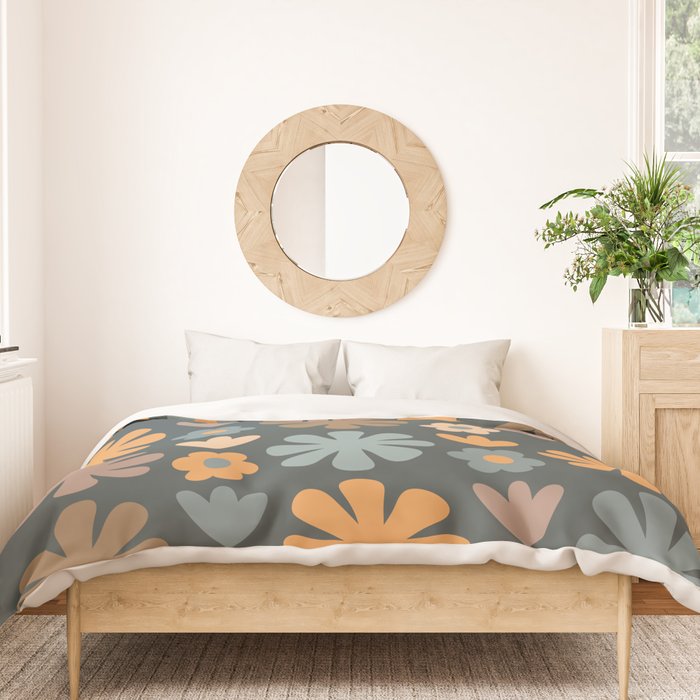 Scandi Floral Grid Retro Flower Pattern Slate Blue Orange Brown Duvet Cover Gallery Image 3