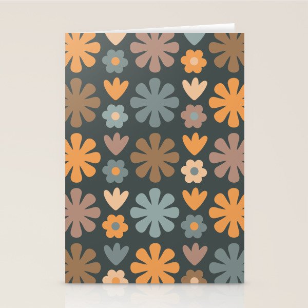 Scandi Floral Grid Retro Flower Pattern Slate Blue Orange Brown Stationery Card Gallery Image 1