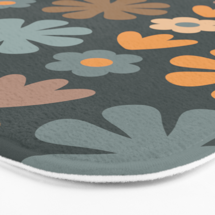 Scandi Floral Grid Retro Flower Pattern Slate Blue Orange Brown Bath Mat Gallery Image 3