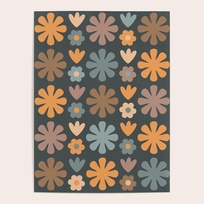 Scandi Floral Grid Retro Flower Pattern Slate Blue Orange Brown Poster Gallery Image 4