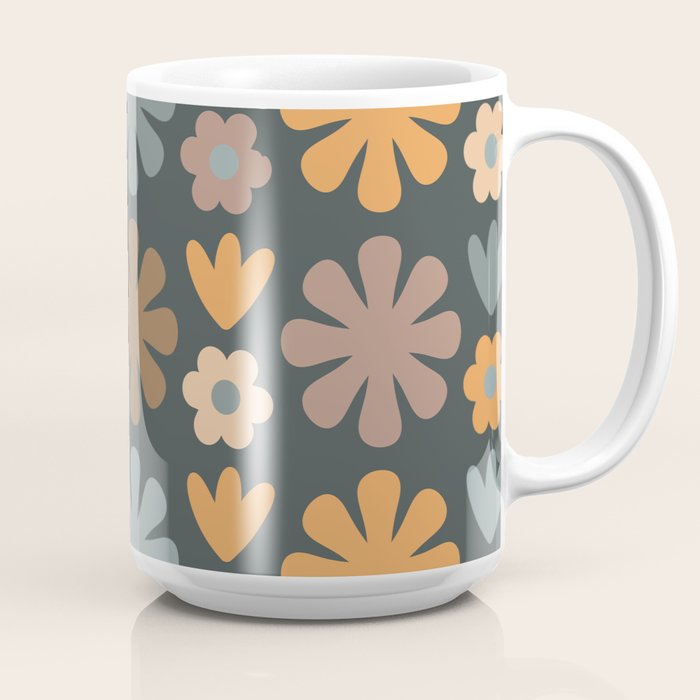 Scandi Floral Grid Retro Flower Pattern Slate Blue Orange Brown Coffee Mug Gallery Image 2