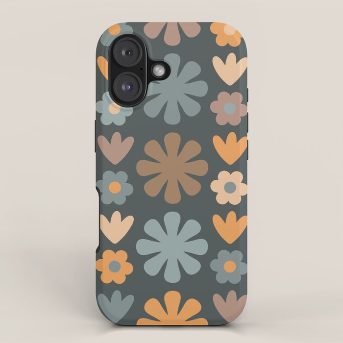 Scandi Floral Grid Retro Flower Pattern Slate Blue Orange Brown iPhone Case Gallery Image 1