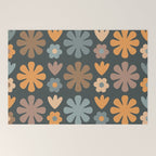 Scandi Floral Grid Retro Flower Pattern Slate Blue Orange Brown Welcome Mat Gallery Image 2