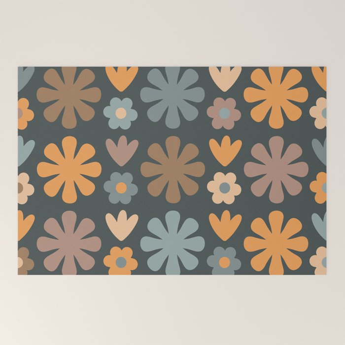 Scandi Floral Grid Retro Flower Pattern Slate Blue Orange Brown Welcome Mat Gallery Image 2