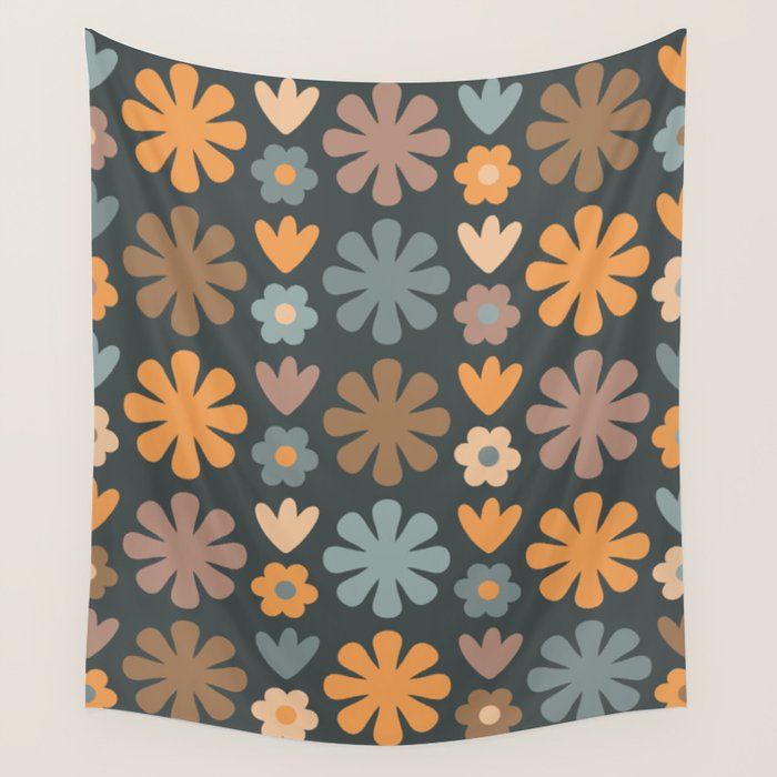 Scandi Floral Grid Retro Flower Pattern Slate Blue Orange Brown Wall Tapestry Gallery Image 4