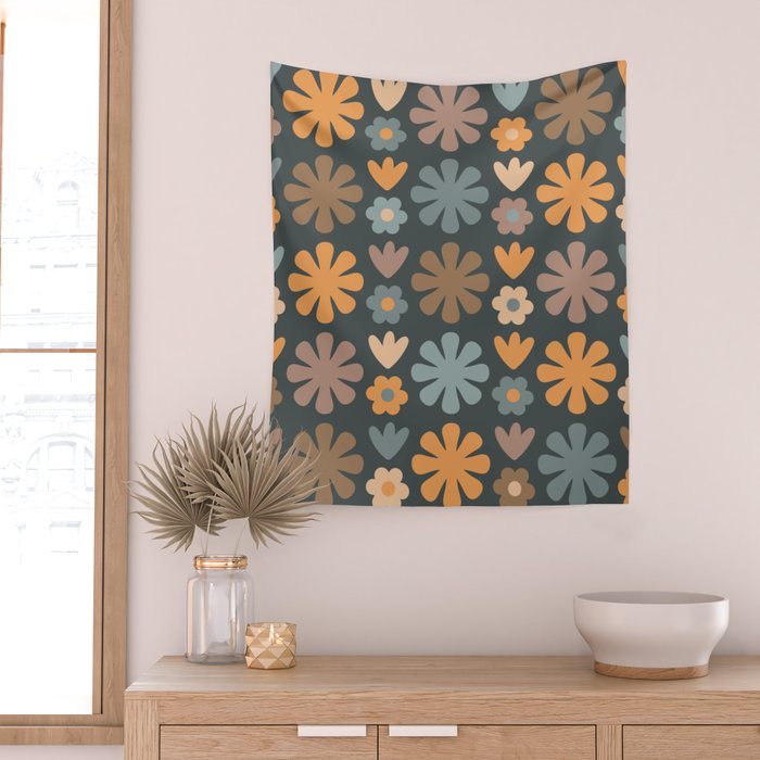 Scandi Floral Grid Retro Flower Pattern Slate Blue Orange Brown Wall Tapestry Gallery Image 2