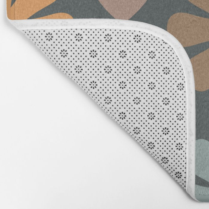 Scandi Floral Grid Retro Flower Pattern Slate Blue Orange Brown Bath Mat Gallery Image 2
