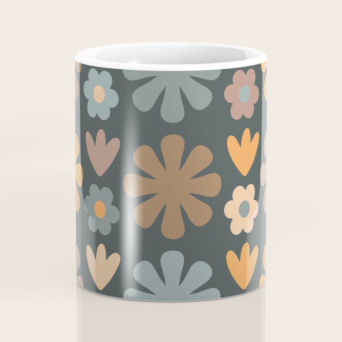 Scandi Floral Grid Retro Flower Pattern Slate Blue Orange Brown Coffee Mug Gallery Image 4