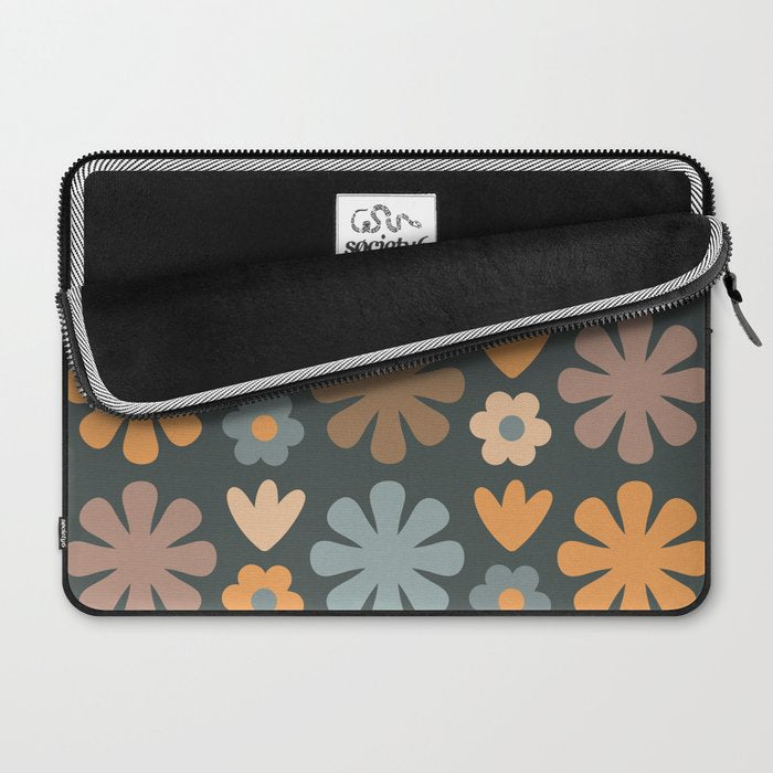 Scandi Floral Grid Retro Flower Pattern Slate Blue Orange Brown Laptop Sleeve Gallery Image 2
