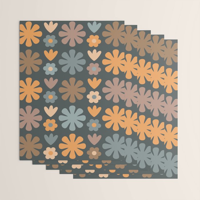 Scandi Floral Grid Retro Flower Pattern Slate Blue Orange Brown Wrapping Paper Gallery Image 3