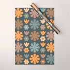 Scandi Floral Grid Retro Flower Pattern Slate Blue Orange Brown Wrapping Paper Gallery Image 1