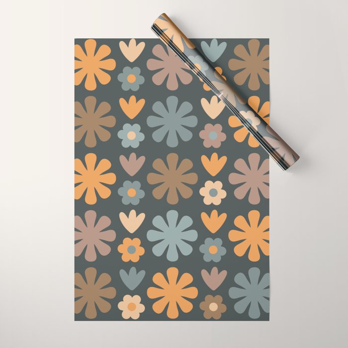 Scandi Floral Grid Retro Flower Pattern Slate Blue Orange Brown Wrapping Paper Gallery Image 1