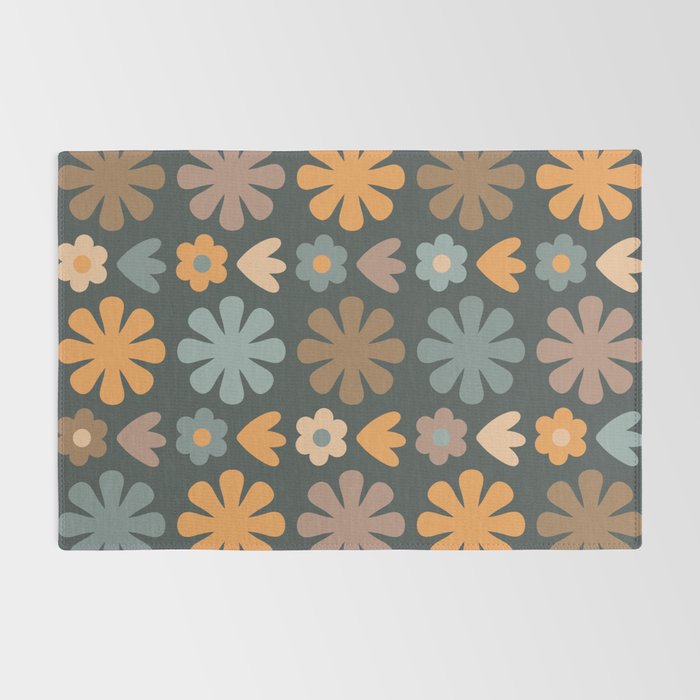 Scandi Floral Grid Retro Flower Pattern Slate Blue Orange Brown Rug Gallery Image 2