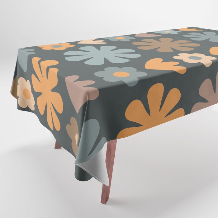 Scandi Floral Grid Retro Flower Pattern Slate Blue Orange Brown Tablecloth Gallery Image 1