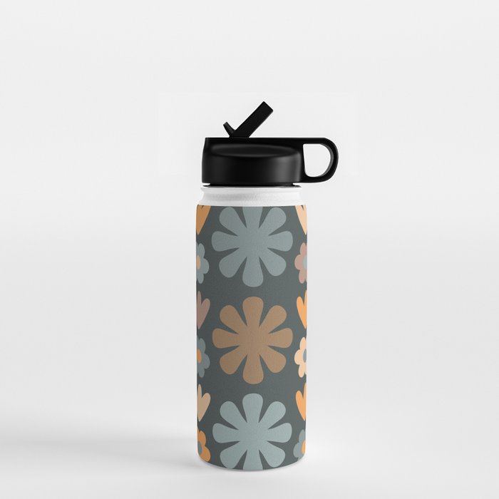 Scandi Floral Grid Retro Flower Pattern Slate Blue Orange Brown Water Bottle Gallery Image 1