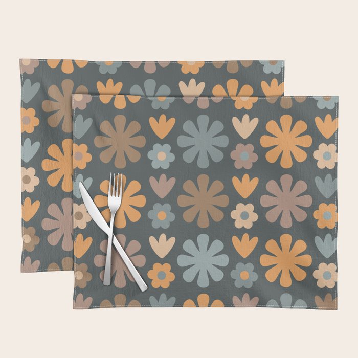 Scandi Floral Grid Retro Flower Pattern Slate Blue Orange Brown Placemat Gallery Image 1