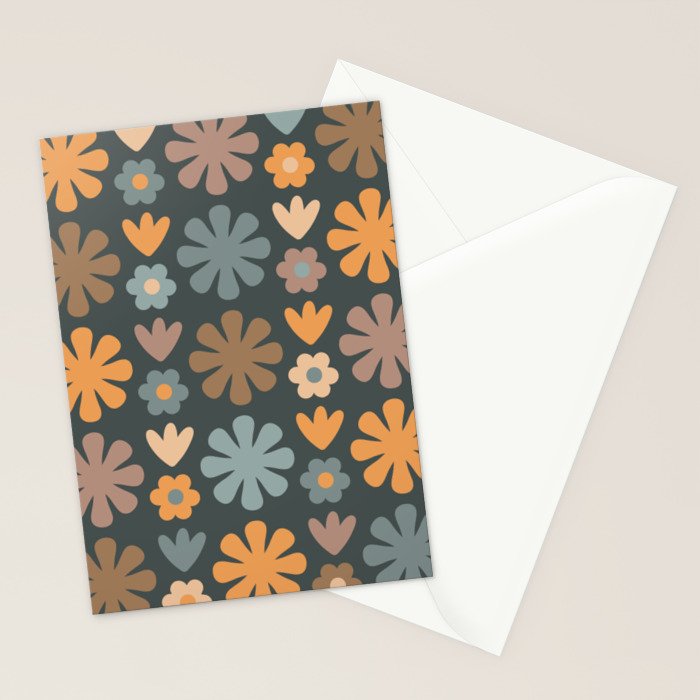 Scandi Floral Grid Retro Flower Pattern Slate Blue Orange Brown Stationery Card Gallery Image 2