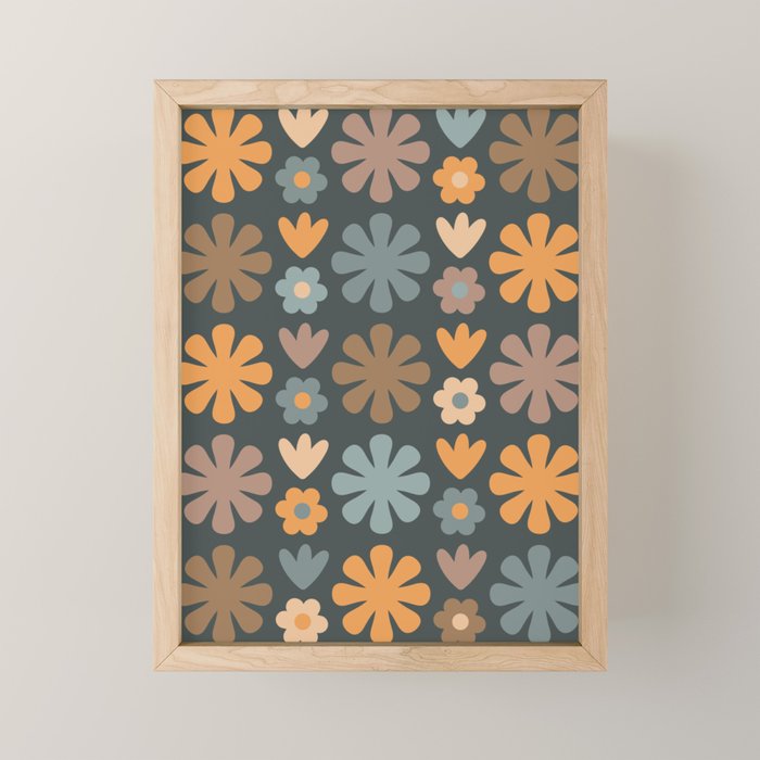 Scandi Floral Grid Retro Flower Pattern Slate Blue Orange Brown Mini Art Print Gallery Image 1