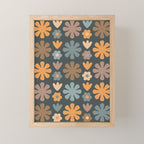 Scandi Floral Grid Retro Flower Pattern Slate Blue Orange Brown Mini Art Print Gallery Image 1