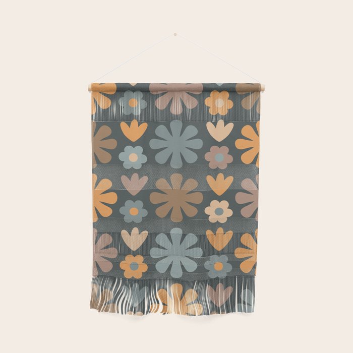 Scandi Floral Grid Retro Flower Pattern Slate Blue Orange Brown Wall Hanging Gallery Image 1