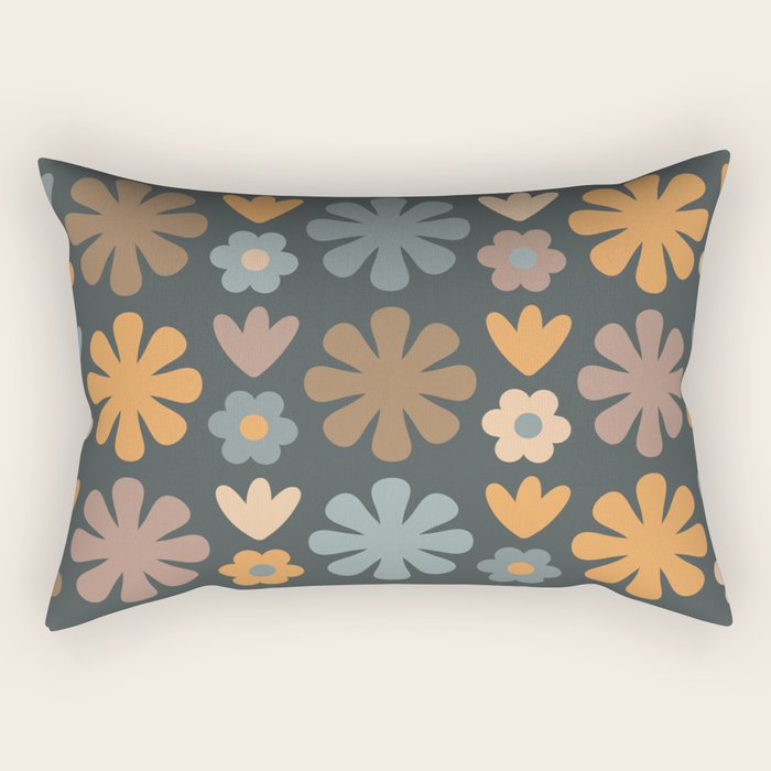 Scandi Floral Grid Retro Flower Pattern Slate Blue Orange Brown Rectangular Pillow Gallery Image 2