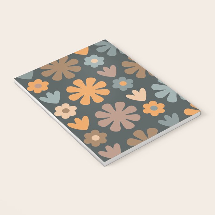 Scandi Floral Grid Retro Flower Pattern Slate Blue Orange Brown Notebook Gallery Image 3