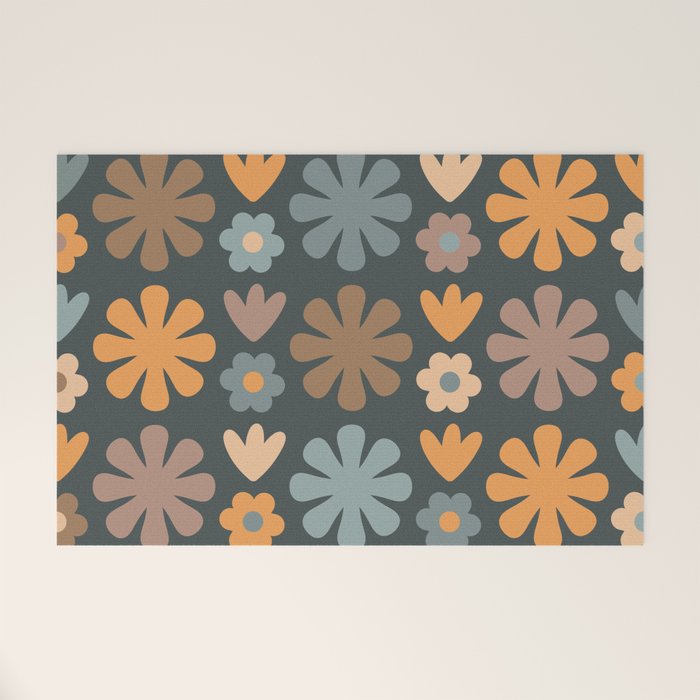 Scandi Floral Grid Retro Flower Pattern Slate Blue Orange Brown Welcome Mat Gallery Image 1
